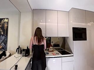 Hawt and excited sexy angel cute housewife in a satin nightie shows her lace panties at home while the husband is away