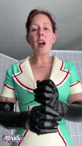 Hot British Latex Nurse Belle extracts your cum with her latex gloves