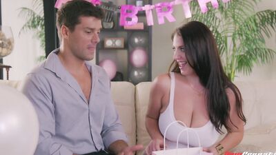 Busty MILF celebrating her birthday gets oiled and fucked by her young visiting friend