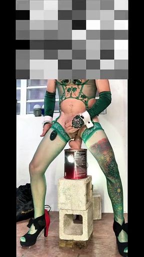 Cute Green Stocking Shemale Outdoor Exhibition Jumping Insight Dildo Anal