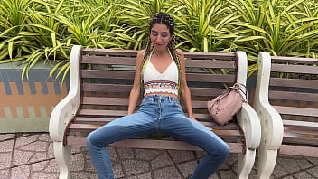Public Wetting Jeans in Park near the Beach