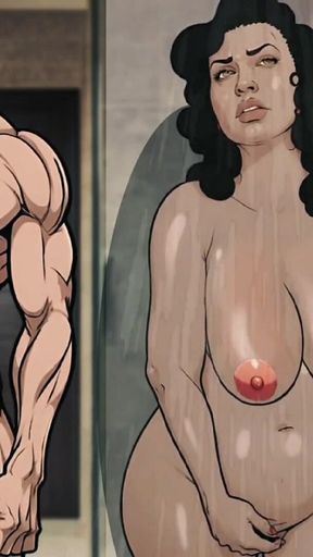 Modest Housewife Cheats on Her Husband in the Shower with a Muscular Guy with a Big Dick. Cartoon