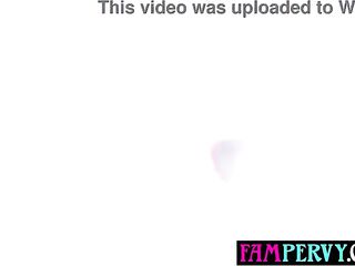 Overweight golden-haired discovered masturbating and punished by her older large rod stepdad