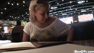 Blonde 19 year old Riley Evans striptease inside red lighting