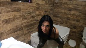 Ripped Shiny Nylon Jumpsuit in the Bathroom. Cum Cleanup, Dirty Dancing and Pee Play