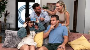 ”Chubby innocent teen has a foursome with her perverted stepfamily”