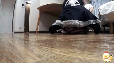 Asian catgirl maid in black thigh-highs serves rice then sucks her client