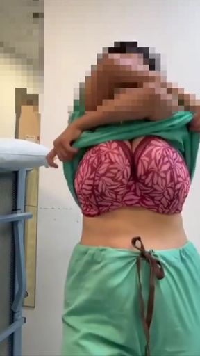 Busty bra stripper gets naked with big tits and thick thighs