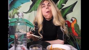 Italian Mistress Ties Up and Teases Her Skinny Slave at Dinner