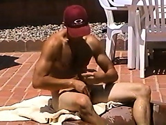 Naughty pool boy polishes his big wang in his boss's backyard