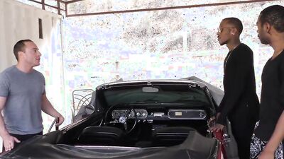 Naughty white dude sucks two black dicks and gets spitroasted