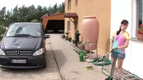 German teen girl fights in the garden, her tight pussy driving him wild