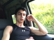 Hot teen boy playing his big dick in caravan