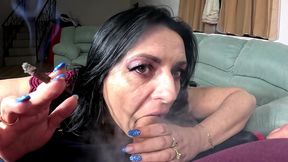 smoking milf pov blowjob with titsfuck, gagging and double cum