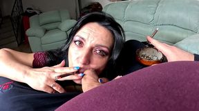 smoking milf pov blowjob with titsfuck, gagging and double cum