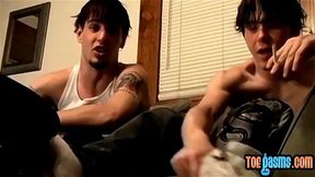 Straight dudes play with cocks and feet until a blasting end