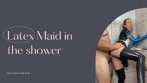 latex maid sex in the shower anal and pussy