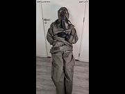 Breathplay masturbation Zodiac Zodiak heavy rubber hazmat suit with gasmask rebreathing bag, gloves, boots