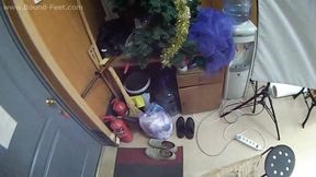 Topless barefoot Gladys in jeans shorts is being tied with her hands in reverse prayer, hogtied and gagged - on-screen, POV camera (HD MP4)