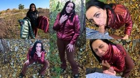 Risky Lake Blowjob in My Red Shiny Downjacket