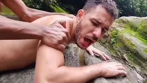 Sweat-Slicked Encounter: Buff Black Stallion Claims Virgin Under the Falls – Interracial