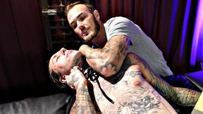 Mesmerized crossdresser in fishnet stockings fucks inked boyfriend