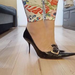 Crossdresser Walks in Sexy Black Leather Pointed Toe High Heels by Rosa Shoes