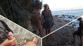 Stepdad flashes his cock at stepdaughter in public beach, she helps him juice in front of everyone