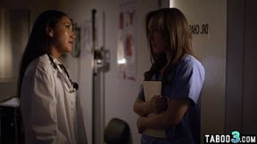 Seductive Latina doc Vicki Chase leads naive nurse Sinn Sage down naughty&#x1F608; lesbian lane