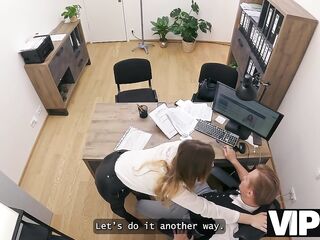 VIP4K. Blond Maya with large breasts is screwing a bank worker on the office. Hawt interview with Maya