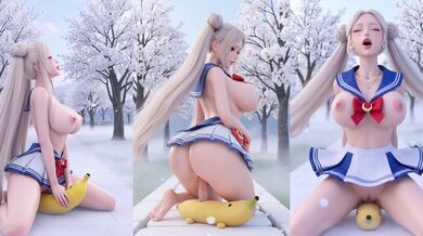 Sailor Moon Style Cosplay — Hot Busty Girl Fantasy — Riding Banana Toy in Bikini 3D Animation
