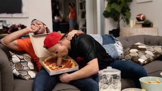 Dom sticks his cock through the pizza box for some more sneaky blowjob