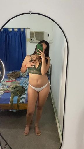 Bathing suit model in bedroom