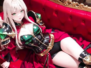 Forbidden Dream in Red & Green Armor! Blond Knight Lounges Seductively During the time that Her Silver -haired Partner Kneels to Serve