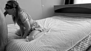 Russian chick in panties skillfully sucks a strong trunk