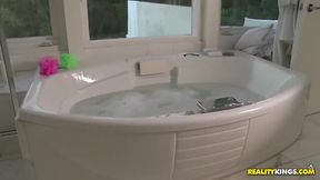 Voluptuous Jade Nacole and Sky Banks  wild lesbian shower with Voodoo's cock