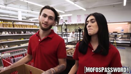 Hung dude fingers and bangs busty Aubry Babcocks tight pussy at work