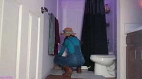 farmer girl sage eldritch peeing through denim overalls on the toilet