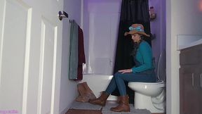 farmer girl sage eldritch peeing through denim overalls on the toilet