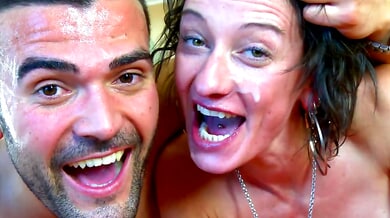 Mature German woman seduces her lover on the beach and takes his cumshot on face