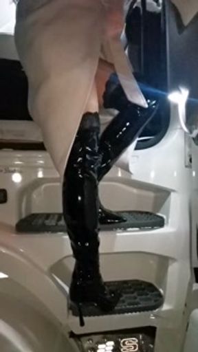 Slut wife gives trucker blowjob with swallow