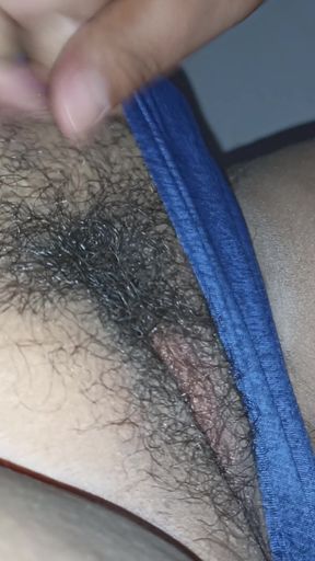 I push my wife's panties aside to see her fat, hairy pussy   Clip 3