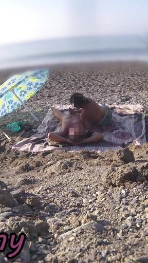 Exhibitionist Wife Outdoor Amateur Milf Blowjob &amp; Handjob Big Cock on Nudity Beach public in front of voyeur with cum   Clip 1
