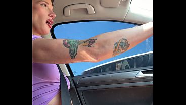 Car Jerk off - stroking my hard girl dick while driving