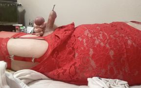 Crossdressing sissy stroking with stainless steel sounding rods