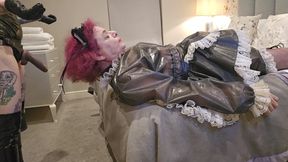 Miss Ruby Pvc Domme Throatfucks Sissy Maid with Huge Black Strap-on, Sph, Face Slapping with Dildo