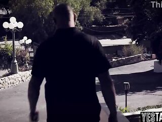 Large melons tattooed teen screws a large wang dude in her hostel in front of the warden