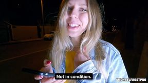Blonde MILF gives sloppy wet blowjob on outdoor POV