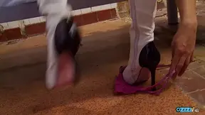 Sixty nining her blonde big titty milf lesbo lover while fucking in lingerie and a fucked up bed