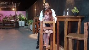 redhead gets excited and has sex with waiter in restaurant.
